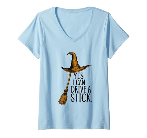 Damen Ja, ich kann einen Stock Fahren, lustiger Halloween-Gruselig T-Shirt mit V-Ausschnitt von Yes I Can Drive A Stick Funny Halloween Witch
