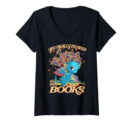 Damen Yes I Really Do Need All These Books Cute Dragon Read Book T-Shirt mit V-Ausschnitt Damen Yes I Really Do Need All These Books Cute Dragon Read Book T-Shirt mit V-Ausschnitt von Yes I Really Do Need All These Books Funny Dragon