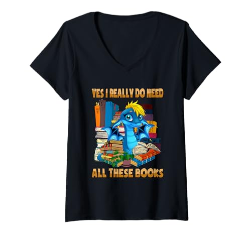 Damen Yes I Really Do Need All These Books Cute Dragon Reading T-Shirt mit V-Ausschnitt Damen Yes I Really Do Need All These Books Cute Dragon Reading T-Shirt mit V-Ausschnitt von Yes I Really Do Need All These Books Funny Tee
