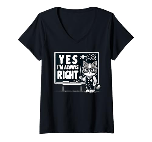 Damen Ja, ich Habe Immer Recht, lustige Katze, Mathematiklehrer, Genie T-Shirt mit V-Ausschnitt von Yes I'm Always Right Funny Cat Teachers Pun Genius