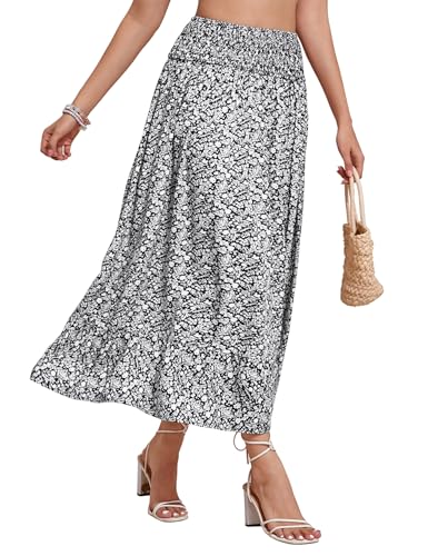 Langer Rock Damen Blumen Plisseerock Damen Boho Maxi Sommerrock Hohe Taille(Schwarz,S) von YesFashion