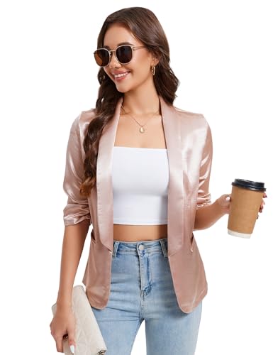 YesFashion Blazer Damen Elegant Satin Blazerjacke Open Front Festlich Blazer Jacket Champagnerfarbe L von YesFashion