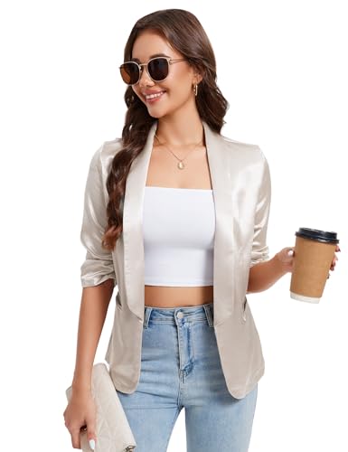 YesFashion Blazer Damen Elegant Satin Blazerjacke Open Front Festlich Blazer Jacket Cremefarben XXL von YesFashion