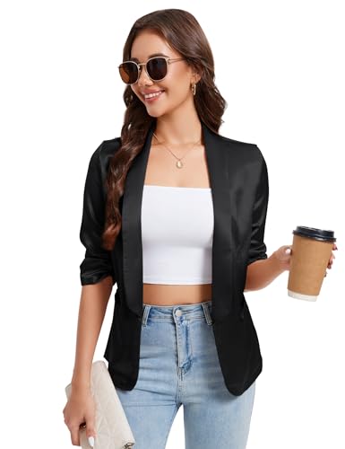 YesFashion Blazer Damen Elegant Satin Blazerjacke Open Front Festlich Blazer Jacket Schwarz XXL von YesFashion
