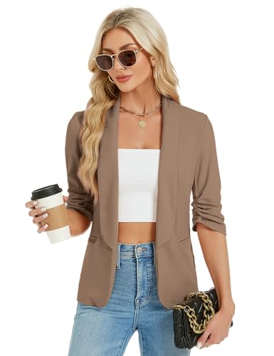 YesFashion Blazer Damen Sportlich Elegant Blazerjacke Open Front Casual Blazer Jacket Khaki XXL von YesFashion