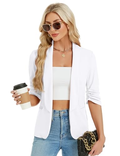 YesFashion Blazer Damen Sportlich Elegant Blazerjacke Open Front Casual Blazer Jacket Weiß XXL von YesFashion
