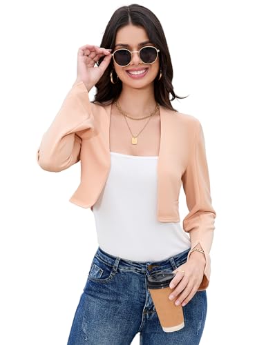 YesFashion Bolero Damen Kurz Strickjacke Elegant Langarm Strickjacke Business Bolero Jäckchen Open Front Festlich Cardigan Aprikose L von YesFashion