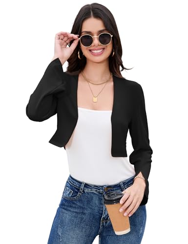 YesFashion Bolero Damen Kurz Strickjacke Elegant Langarm Strickjacke Business Bolero Jäckchen Open Front Festlich Cardigan Schwarz XXL von YesFashion