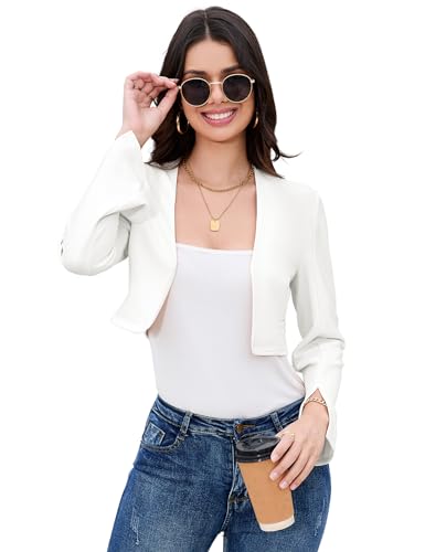 YesFashion Bolero Damen Kurz Strickjacke Elegant Langarm Strickjacke Business Bolero Jäckchen Open Front Festlich Cardigan Weiß M von YesFashion