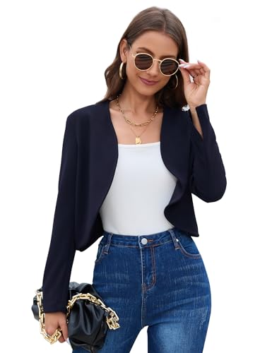 YesFashion Damen Bolero Festlich Strickjacke Langarm Kurz Schulterjacke Business Blazer Anzug Sportlich Cardigan Dunkelblau XXL von YesFashion