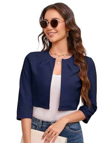 YesFashion Damen Bolero Kurz Blazer Elegant Strickjacke 3/4 Ärmel Festlich Blazer Schulterjacke Dunkelblau M von YesFashion