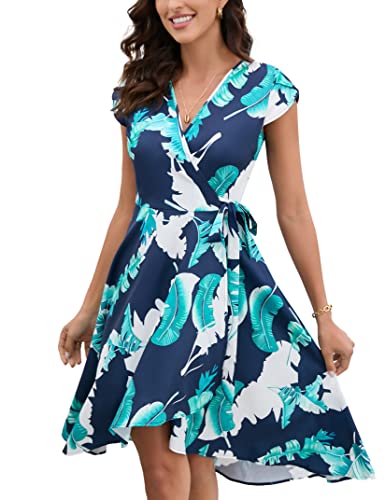 YesFashion Damen Kleid Elegant Sommerkleider Casual Kurzarm Wickelkleid Strandkleid Lange Blumenkleid Partykleid Dunkelblau L von YesFashion