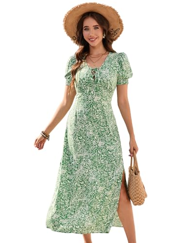 YesFashion Damen Kleid Sommer V-Ausschnitt Sommerkleid Maxi Kurzarm mit Blumenmuster Elegent Wickelkleid Strandkleid Partykleid Freizeitkleid Grün L von YesFashion