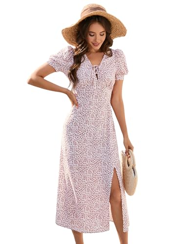 YesFashion Damen Kleid Sommer V-Ausschnitt Sommerkleid Maxi Kurzarm mit Blumenmuster Elegent Wickelkleid Strandkleid Partykleid Freizeitkleid Rosa S von YesFashion