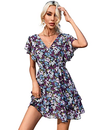 YesFashion Damen Sommerkleid Kurzarm Elegant Boho Blumenkleid V-Ausschnitt Mini Kleid Rüschen Strandkleid Freizeitkleider Lila S von YesFashion