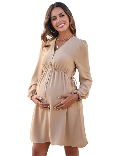 YesFashion Damen Umstandskleid Langarm Stillkleid elegant V-Ausschnit Schwangerschaftskleid mit Knöpfen Khaki-L XL von YesFashion