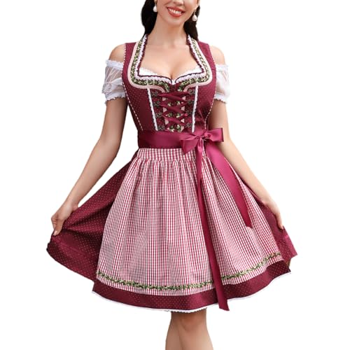 YesFashion Dirndl Damen Dirndlkleid 3tlg Midi Trachtenkleid Trachtenrock Trachtenmode Kleid Dirndlbluse für Oktoberfest,Burgund,34 von YesFashion