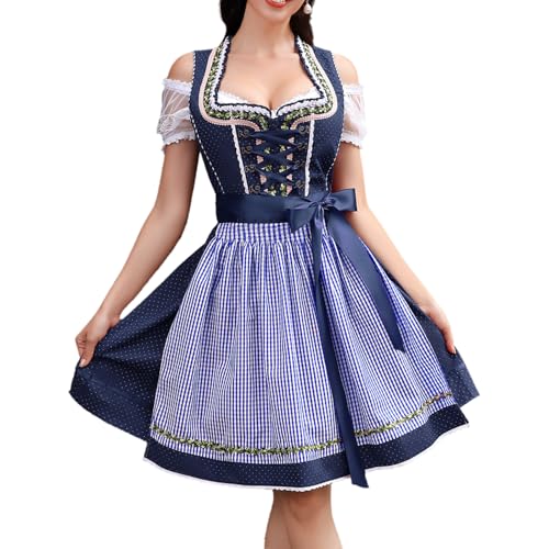YesFashion Dirndl Damen Dirndlkleid 3tlg Midi Trachtenkleid Trachtenrock Trachtenmode Kleid Dirndlbluse für Oktoberfest,Dunkelblau,44 von YesFashion