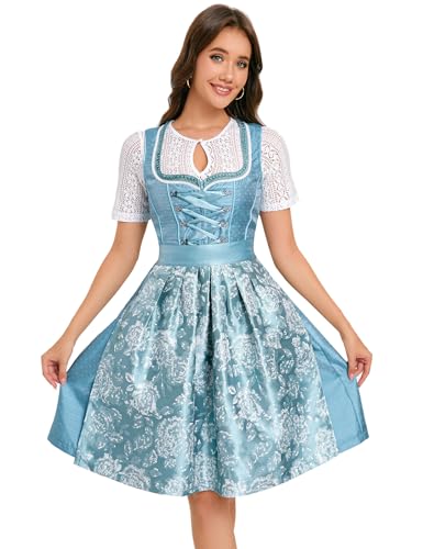 YesFashion Dirndl Damen Jacquard Midi Trachtenkleid Trachtenmode mit 3 Teilig Dirndlkleid für Oktoberfest Grün 42 von YesFashion