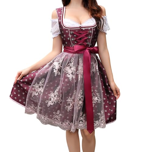 YesFashion Dirndl Damen Midi 3 Teilig Dirndl-komplettsets Oktoberfest Damen Outfit Dirndlkleid Dirndlbluse Dirndlschürze Trachtenmode(Rot,44) von YesFashion