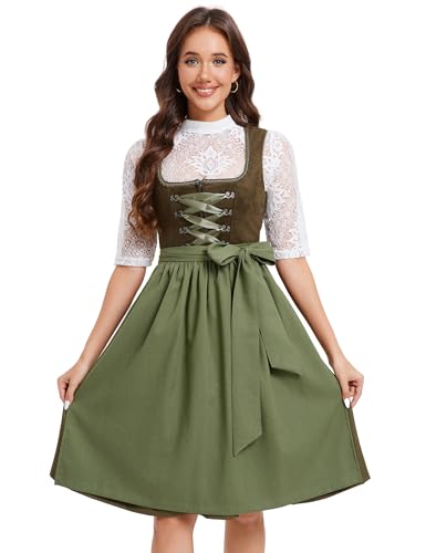 YesFashion Dirndl Damen Midi Dirndl-Komplettsets Trachtenkleid Kurz mit 3 Teilig inkl. Dirndlkleid Dirndlbluse Dirndlschürze Trachtenmode für Oktoberfest Gr.34-52 Armeegrün 42 von YesFashion