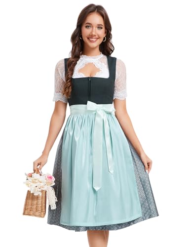 YesFashion Dirndl Damen Midi Trachtenkleid Jacquar Trachtenmode Dirndlkleid inkl. Dirndlbluse Dirndlschürze 3 teilig für Oktoberfest Besondere Anlässe Dunkelgrün 38 von YesFashion
