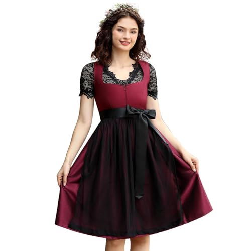 YesFashion Dirndl Damen Trachtenkleid Inkl. Dirndlbluse Und Dirndlschürze 3 Teilig für Bayerisches Oktoberfest,Burgunderrot,34 von YesFashion