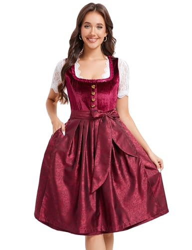 YesFashion Dirndl Damen Trachtenkleid Midi Samt Dirndlkleid Oktoberfest Outfit mit Dirndlschürzen Weinrot 34 von YesFashion