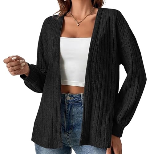 YesFashion Leichte Strickjacke Damen Lang Cardigan Damen Ohne KnöPfe V-Ausschnitt Langarm Strickjacken für Damen(Schwarz,S) von YesFashion