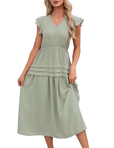YesFashion Sommerkleid Damen Lang Kurzarm Maxikleid V-Ausschnitt mit Rüschen Casual A-Linie Strandkleid Grün XL von YesFashion