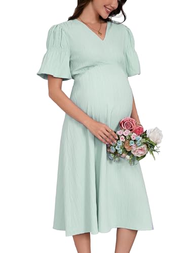 YesFashion Umstandskleid Damen Sommer Elegant V-Ausschnitt Langes Stillkleid Hohe Taille Casual Schwangerschaftskleid mit Laternenärmel Hellgrün XL von YesFashion