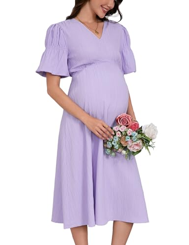 YesFashion Umstandskleid Damen Sommer Elegant V-Ausschnitt Langes Stillkleid Hohe Taille Casual Schwangerschaftskleid mit Laternenärmel Hellviolett L von YesFashion