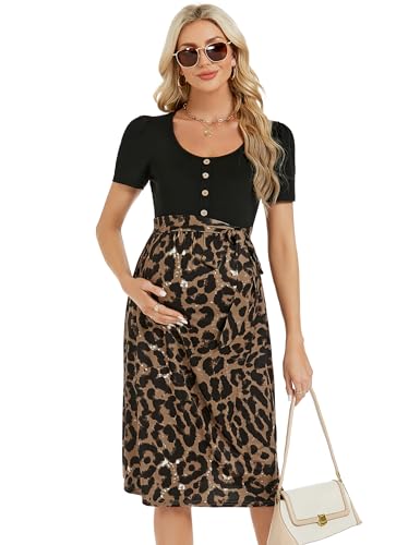 YesFashion Umstandskleid Damen Sommer Kurzarm Hohe Taille Stillkleid Quadratischer Kragen Casual Schwangerschaftskleid mit Taillengürtel Brauner Leopard XXL von YesFashion