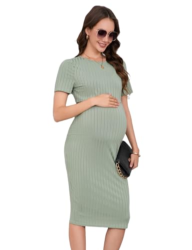 YesFashion Umstandskleid Sommer 2-teilig Set Schwangerschaftskleid Kurzarm Ärmelloses Kleid + Kurzes Oberteil Stillkleid Schwangerschafts Etuikleid Grün S von YesFashion