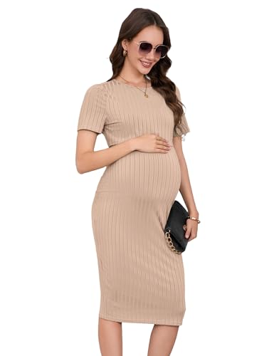 YesFashion Umstandskleid Sommer 2-teilig Set Schwangerschaftskleid Kurzarm Ärmelloses Kleid + Kurzes Oberteil Stillkleid Schwangerschafts Etuikleid Khaki M von YesFashion