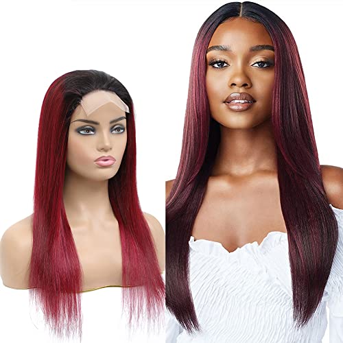 YesJYas Perruque Rouge Femme Ombre Lace Wig 150% Density Brésilien Hair Wig 13x4x1 T Shape Lace Frontal Wig 1B/99J Colored Straight Wig For Black Woman Natural Color 24 Pouce von YesJYas