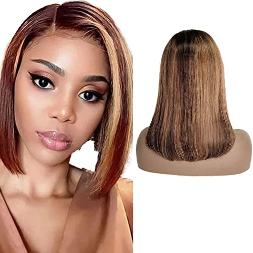 YesJYas Human Hair Wig Perücke Damen Fasching 4x4 Free Part Lace Closure Wig Brazilian Hair Straight Wig P4/27 Piano Color Wig Highlight Wig For Black Women 9A Grade 8 Zoll von YesJYas