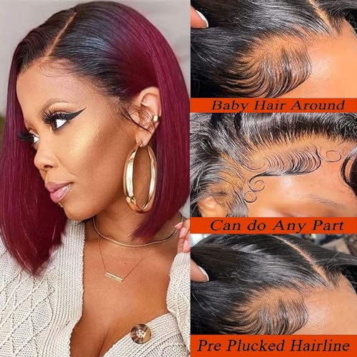 YesJYas Bob Ombre Wig Human Hair Wigs For Black Women Perücke Rot Brazilian Hair Wig 150% Destiny 4x4 Lace Closure Wig 1B/99J Coloured Straight Wig HD Lace Wig With Baby Hair 10 Zoll von YesJYas