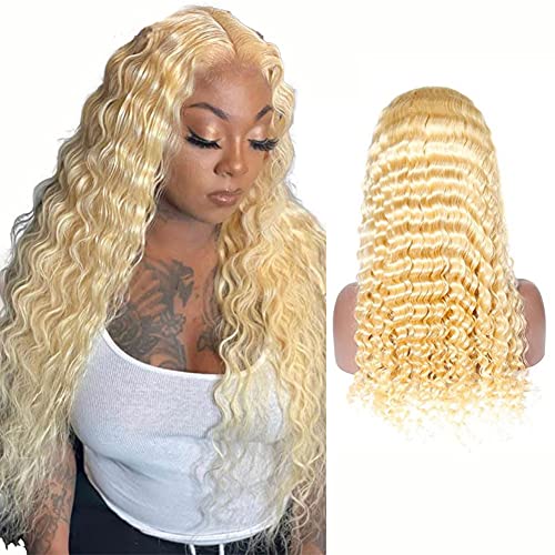 YesJYas Echthaar Perücke Blond Human Hair Wig 150% Density 13x4x1 Middle Part Lace Wigs 613 Brazilian Virgin Hair Wig Deep Wave Wigs For Black Women 9A Grade 24 Zoll von YesJYas