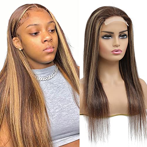 YesJYas Echthaar Perücke Human Hair Wigs For Black Women Straight Human Hair Wig Highlight Blond Gold Ombre P4/27 Colored 4x4 Lace Closure Wig Black To Blonde 26 Zoll von YesJYas
