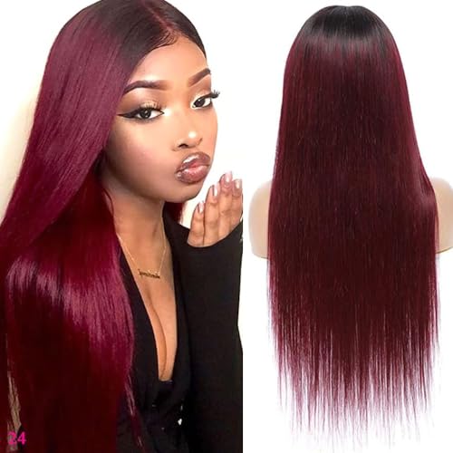 YesJYas Echthaar Perücke Rot Lange 1B/99J Coloured 150% Density 4x4 Lace Closure Wigs Brazilian Hair Wig Straight Wig Pre Plucked For Black Women 9A Grade 26 Zoll von YesJYas