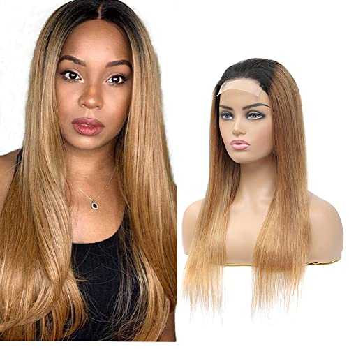 YesJYas Echthaar Perücke Blond Glueless Wig Human Hair 150% Density Brazilian Hair Wig 4x4 Lace Closure Wig 1B/27 Coloured Ombre Honey Blonde Straight Wig For Black Women 28 Zoll von YesJYas