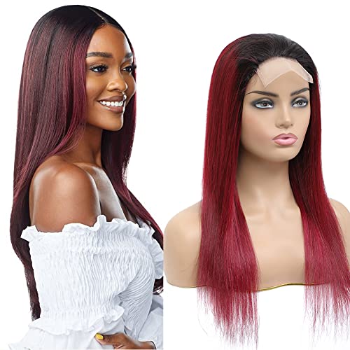 YesJYas Ombre Lace Front Wig Echthaar Perücke Brazilian Hair Wig 4x4 Free Part Lace Closure Wig 150% Density 1B/99J Coloured Straight Wig HD Lace Wig Red For Black Women 14 Zoll von YesJYas