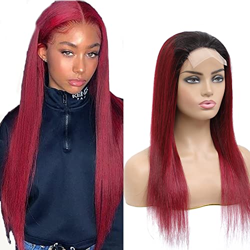 YesJYas Lace Front Wig Human Hair 4x4 Lace Closure Human Hair Wigs With Burgundy Virgin Hair Wigs For Black Women Straight 1b/99j Colored With Baby Hair 24 Zoll von YesJYas