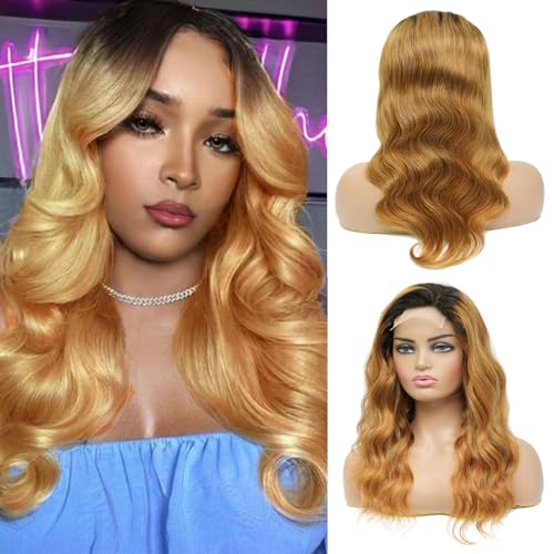 YesJYas Echthaar Perücke Human Hair Wig Blonde Wig Brazilian Virgin Hair Wig 150% Density 4x4 Lace Front Wig Body Wave Wig HD Lace Wig 1B/27 Colour For Black Women 14 Zoll von YesJYas