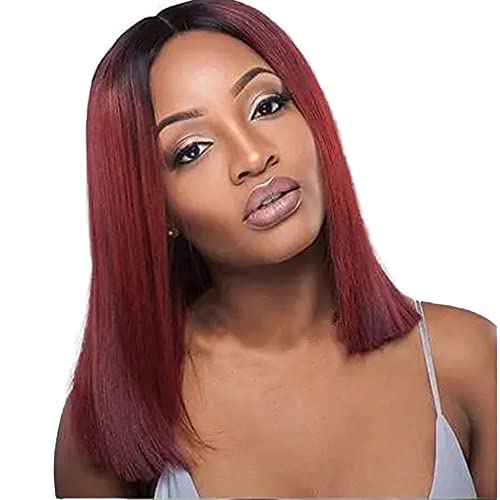 YesJYas Perücke Damen Perücke Rot Human Hair Wig 150% Density Brazilian Virgin Hair Wig 4x4 Lace Front Wig Bone Straight Human Hair Wig 1B/99J Color Bob Wig For Black Women 12 Zoll von YesJYas