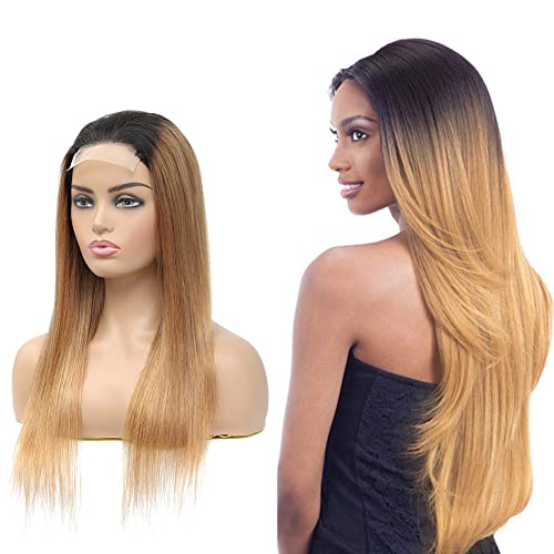 YesJYas Ombre lace front wig blond perücke echthaar damen Brazilian Hair Wig 4x4 lace Closure wig 1B/27 Colored Straight Human Hair Wig With Baby Hair 9A Grade 30 Zoll von YesJYas