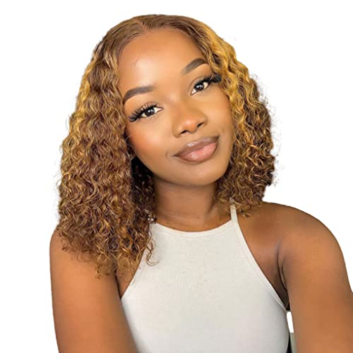 YesJYas Perücke Blond Perücke Damen Bob Wig Human Hair 150% Density 4x4 Lace Closure Wig Body Wave Brazilian Virgin Hair Honey Blonde Wig With Baby Hair P4/27 Color 14 Zoll von YesJYas