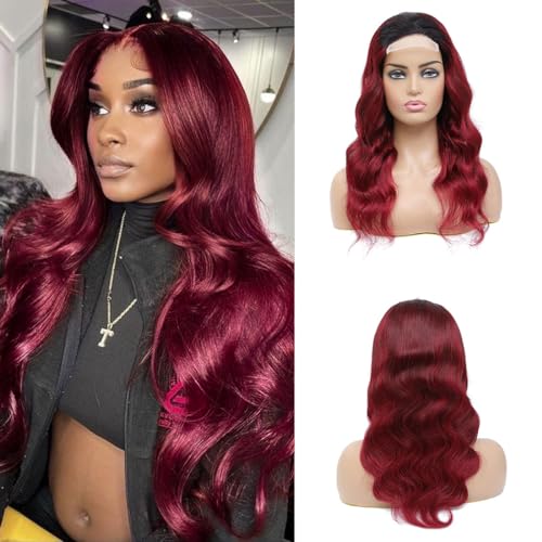 YesJYas Ombre Wig Perücke Echthaar Red Two Tone Wig Body Wave 4x4 Lace Closure Wigs Brazilian Hair Wig 1B/99J Coloured Human Hair Wigs For Black Women 9A Grade 22 Zoll von YesJYas