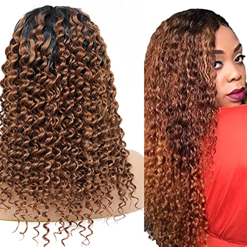 YesJYas Perücke Damen Echthaar Perücke Human Hair Wig Brazilian Wig 150% Density Wig 4x4 Lace Front Wig Ombre Brown Human Water Wave Glueless Wig 1B/30 Color 16 Zoll von YesJYas